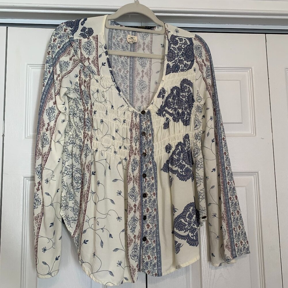 O'Neil Ladies Small Cream and Blue Boho Long Sleeve Top
